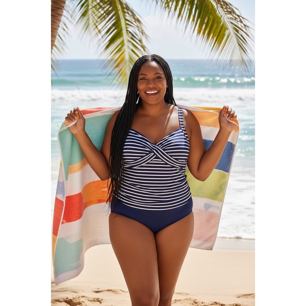 Land’s End Tankini Top Navy White Stripe Flattering Nautical Coastal 18W Support